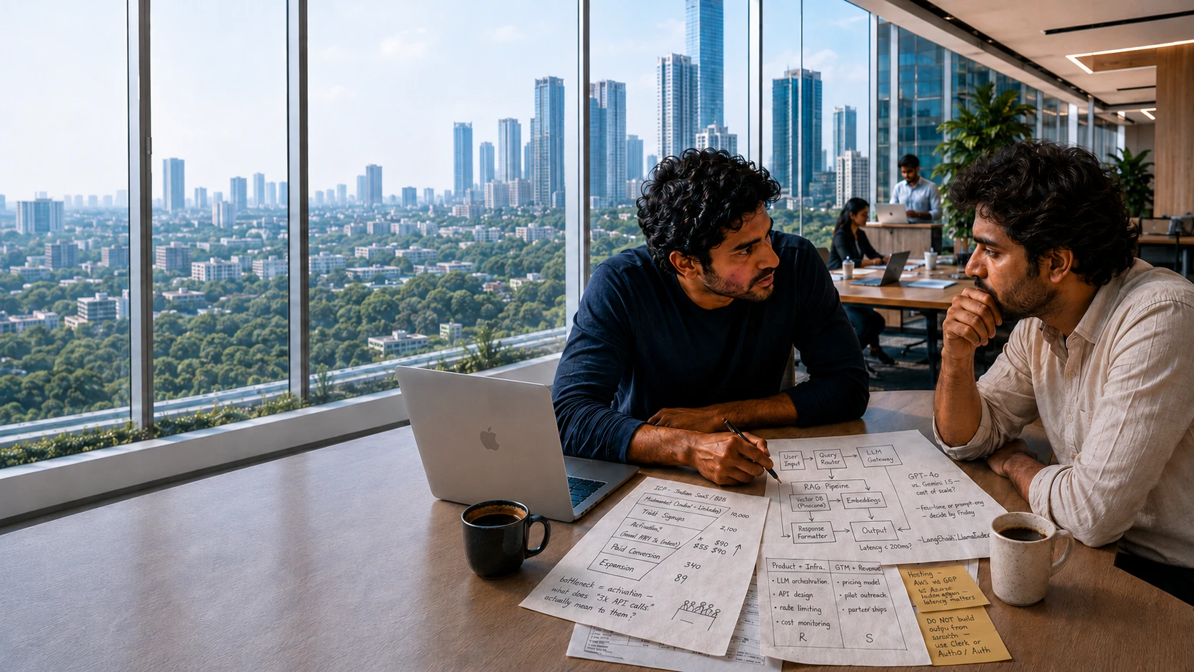 Two co-founders discussing product strategy in a modern office.