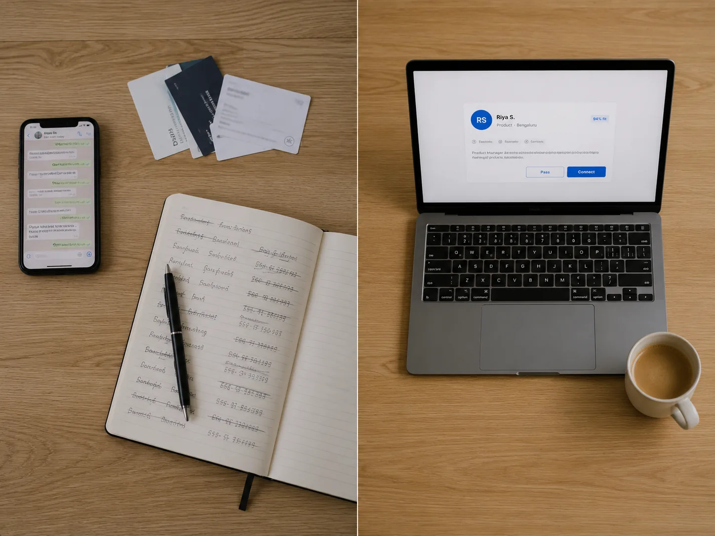 Split-frame comparison: cluttered co-founder search on the left, structured Found matching on the right