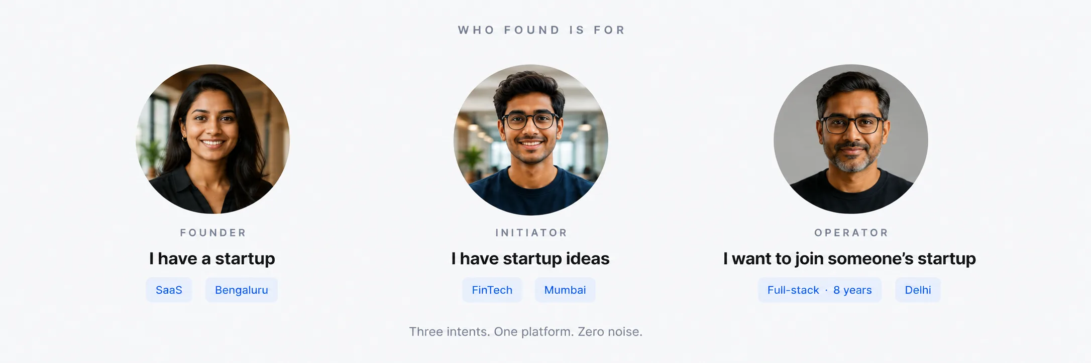 Found app showing three builder profile cards — Founder, Initiator, and Operator
