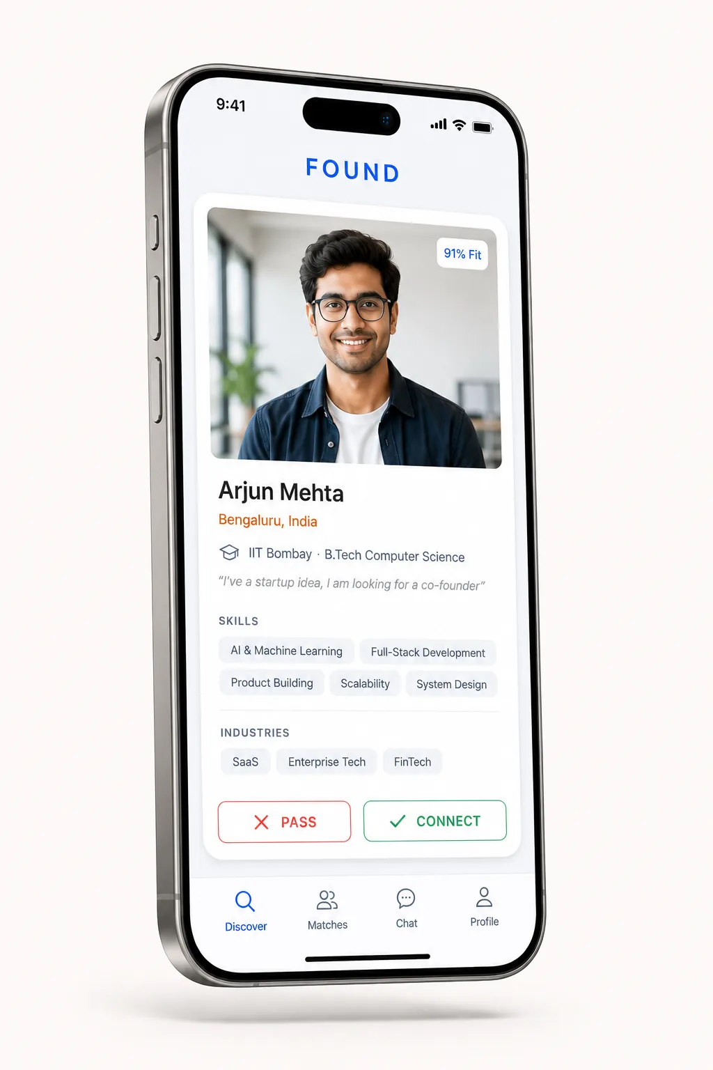 Found app discover screen showing a co-founder match card with skills, domain, fit score, and connect button